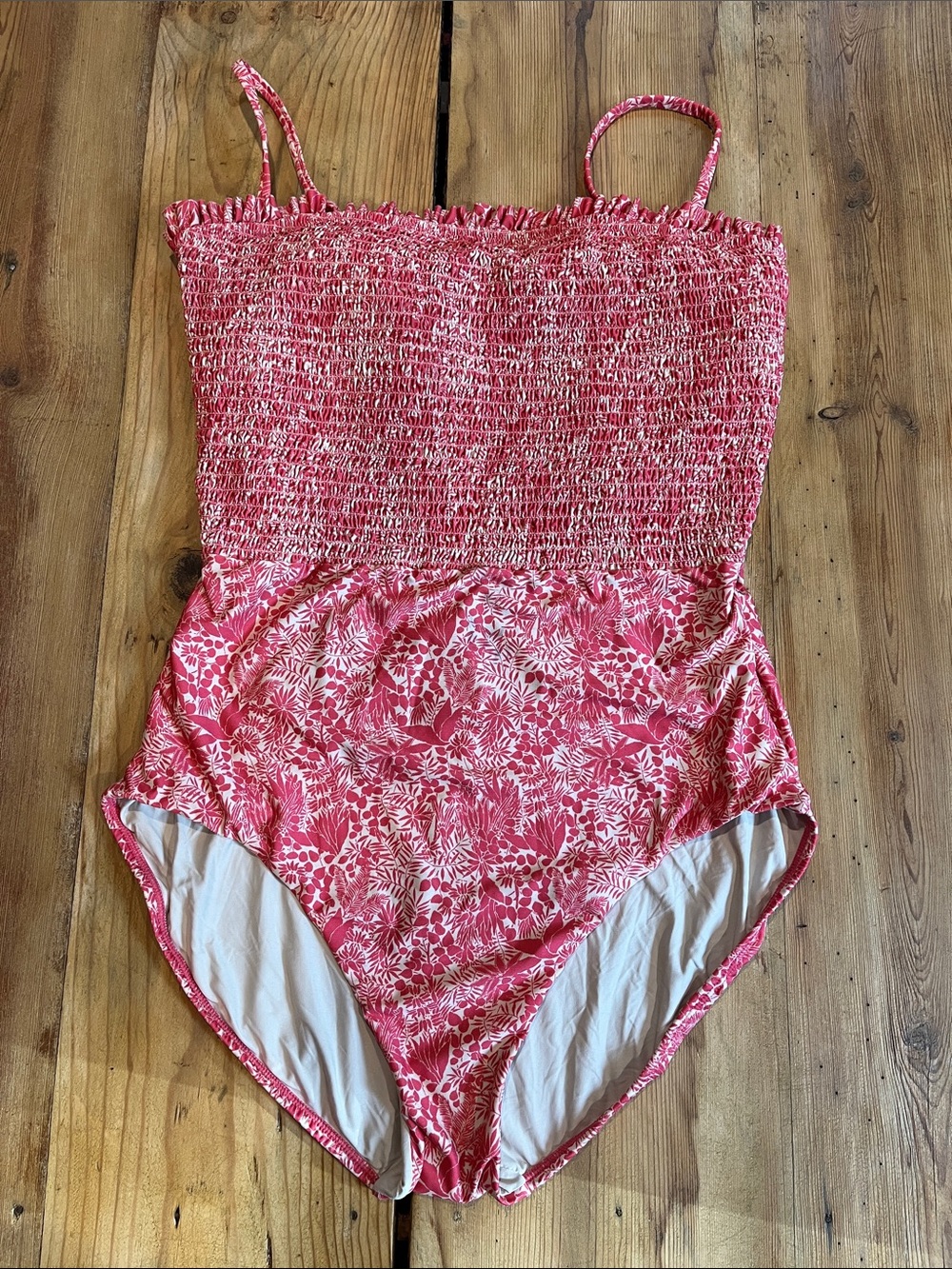 HERMOZA 14 Pink Red Carrie Liberty Print Smocked Swim Suit Bathing Suit